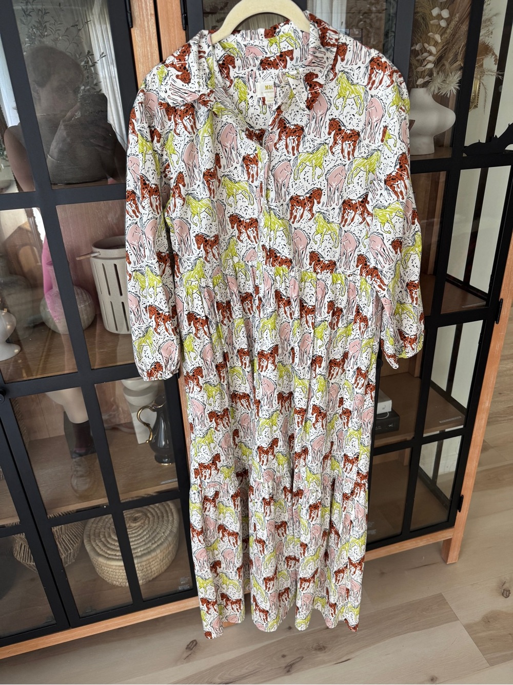 Anthropologie Maeve Bettina Tiered Shirt Dress horses western novelty print midi